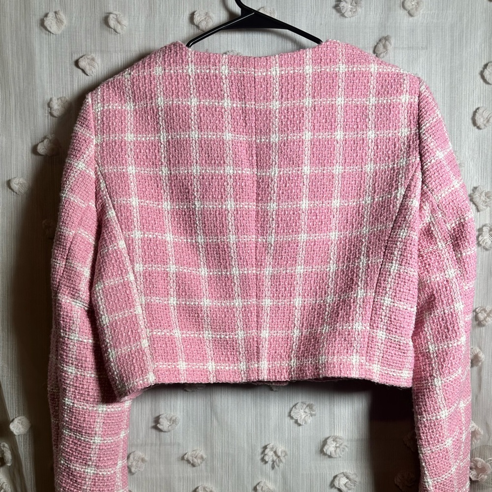 Rachel Zoe Women’s Pink and White Plaid Tweed Button-Down Blazer Jacket Size M - Picture 7 of 9